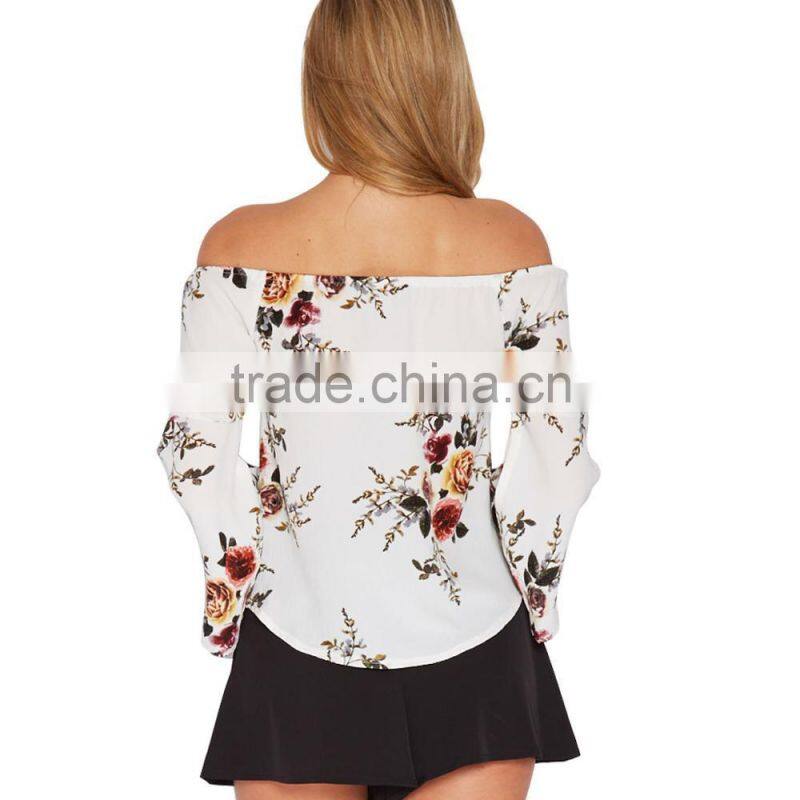 Fashion blouse design Floral Tie-Sleeve Off-Shoulder Top&blouse for sale 2017