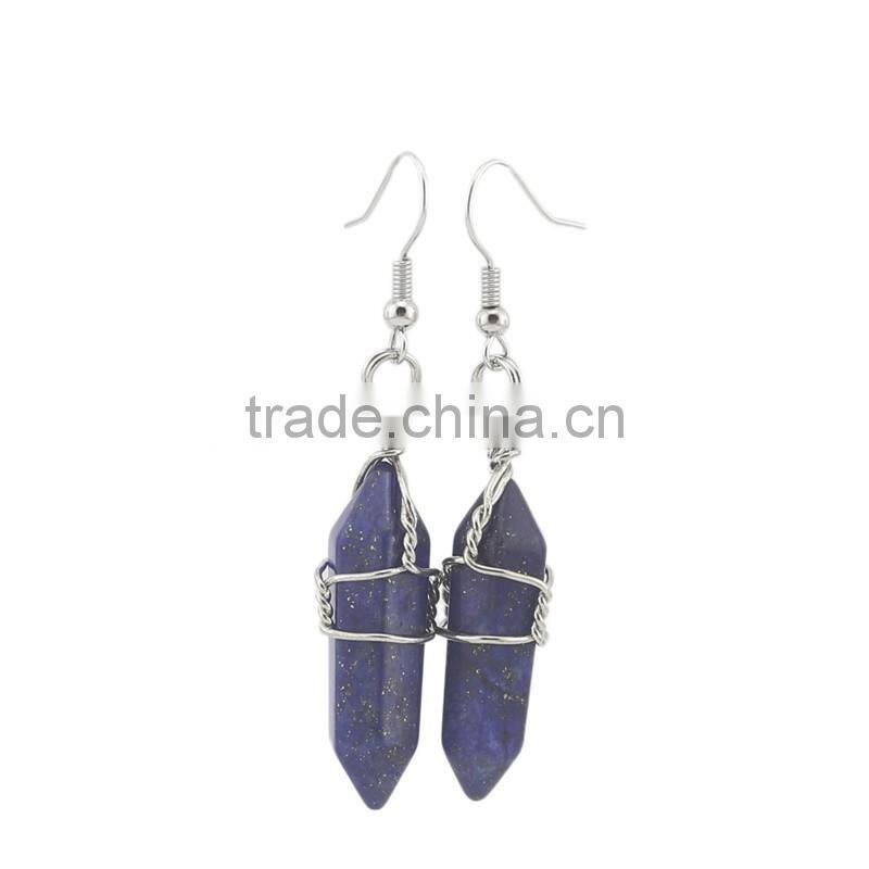 Silver Wire Wrapped Hexagon Prism Amethyst Natural Stone Drop Earrings