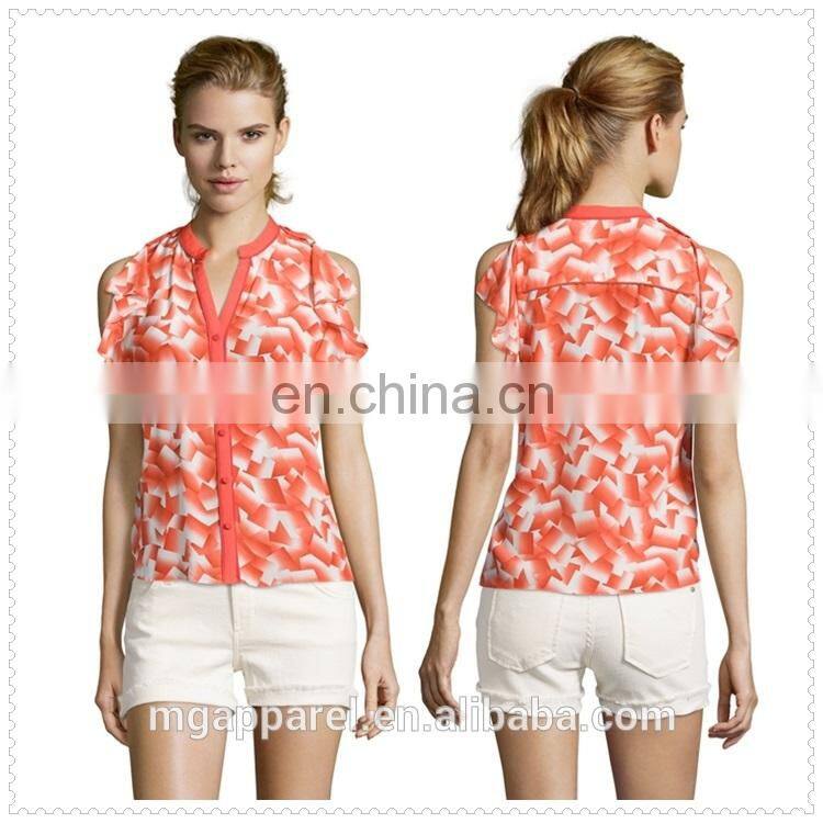 women red geometric printed silk flutter sleeve blouse wholesale