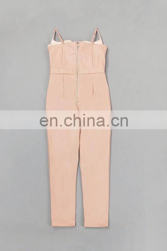 Amigo 2017 new design sexy women party wear black strape backless long bodycon leather evening jumpsuit for girls