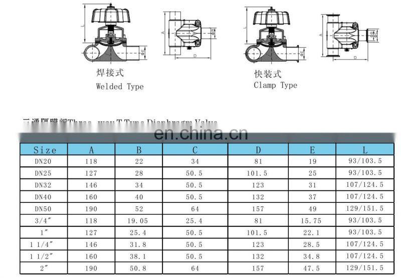 SS316 Sanitary Zero Dead Leg T type Diaphragm Valve for Pharmaceutics