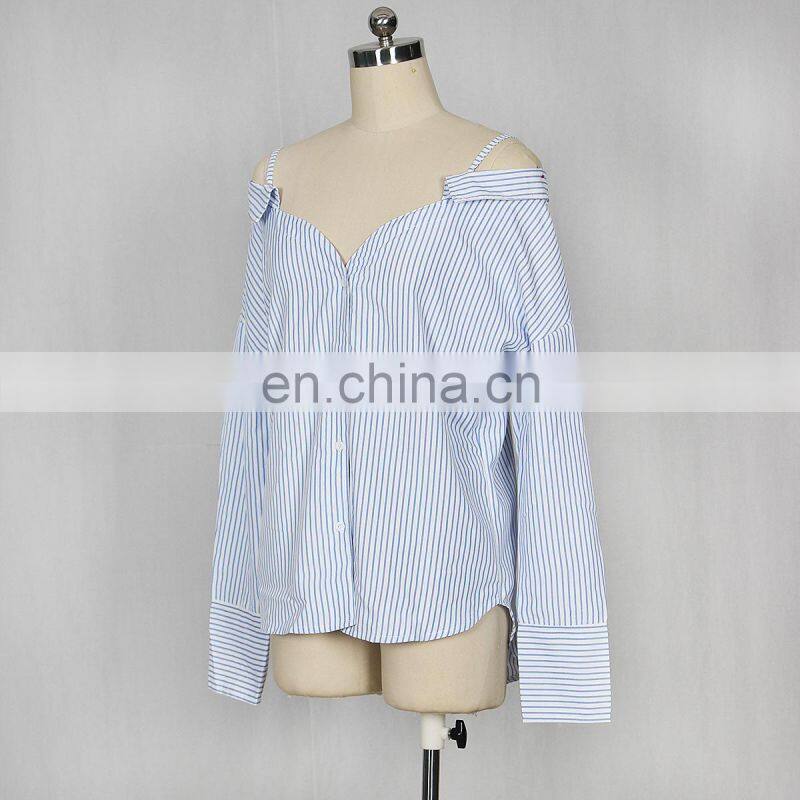 Wholesale custom women sexy through the shoulder strap button-down Stripe casual pleasure long-sleeved shirt women casual home w