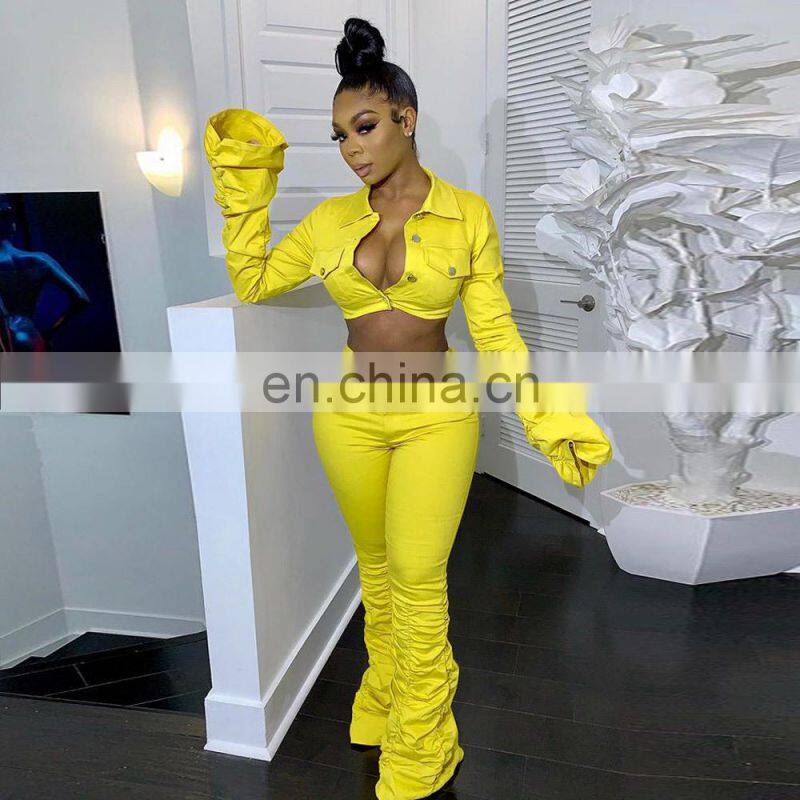 Wholesale custom fashion folding flared sleeve stacking pants sportswear home wear casual jogging suit suit