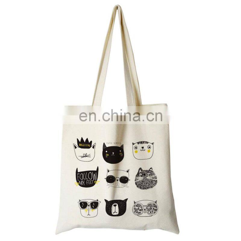 Custom Print White Canvas Tote Cute Cat Women Shopping Handbag