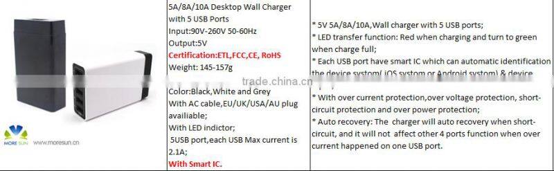 2015 New Product hot sale 5A/8A/10A output Super fast 5 port usb wall charger multi travel charger