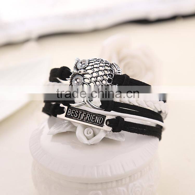 hot sale fashion alloy vintage peace sign owl multi strand weave leather bracelet