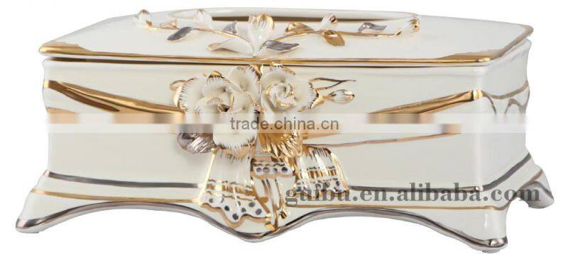 2014 HOT sale white flower plated Luxury Resin tissue box for gift factory