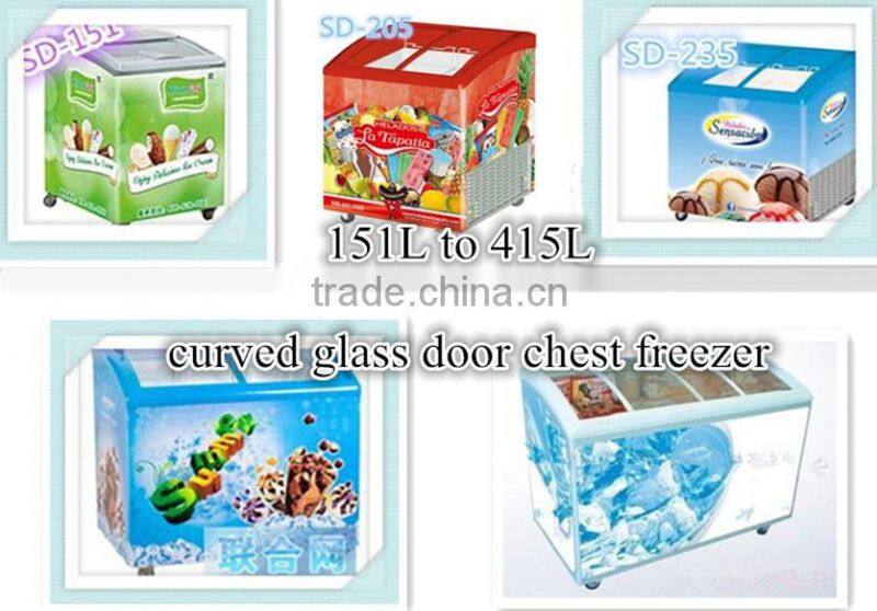 Single-temp curved glass door chest freezer sliding glass door freezer