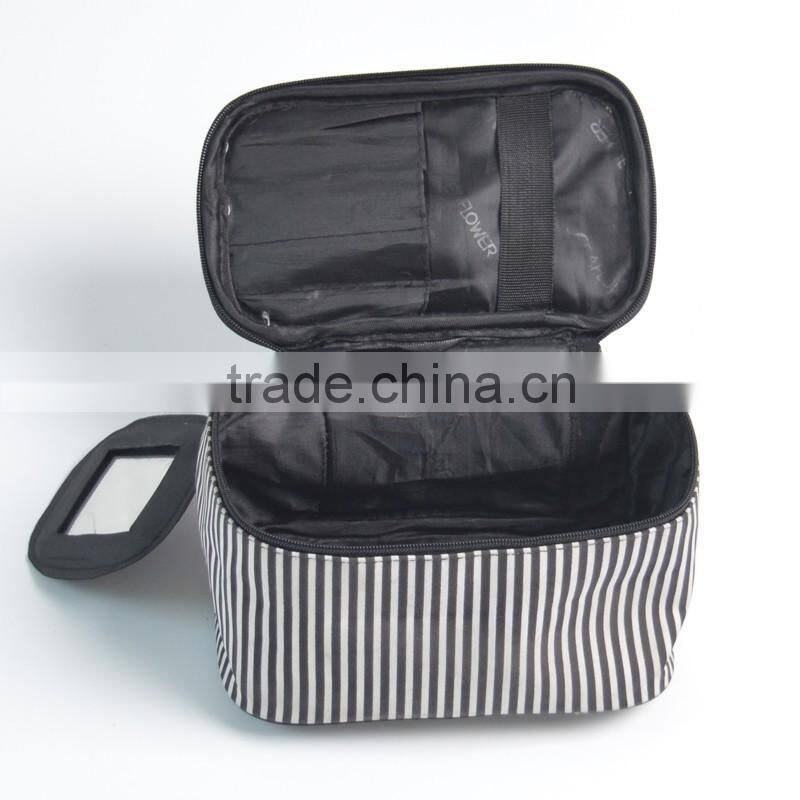 polyester toiletry organizer bag white strips print travel cosmetic bag with mirror inside