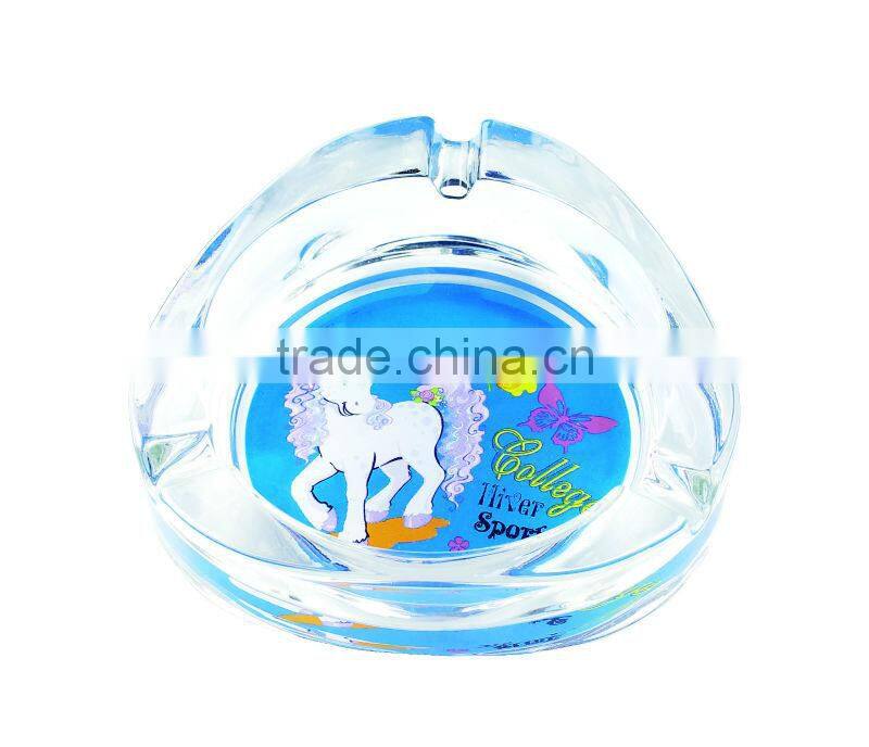 Glass ashtray with decal on bottom,high quality glass ashtray