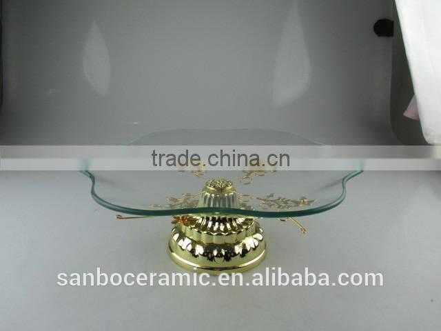Wholesale Petal Shape Glass cake stands with Gloden Flower