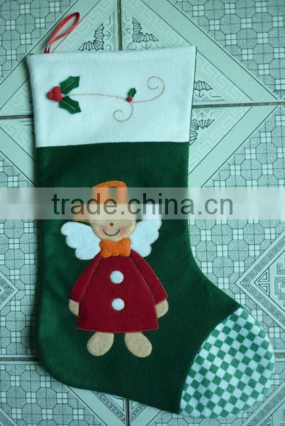 New products handsewn cheap wholesale fabric sock wool felt Christmas stocking hangers with applique angel Xmas snowman motif