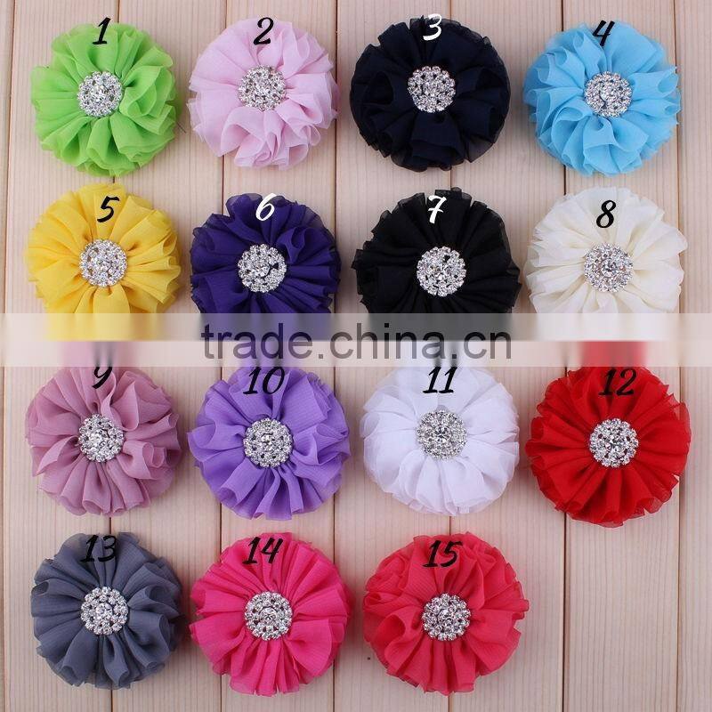fabric chiffon flower clip with rhinestone center for kids hair accessories