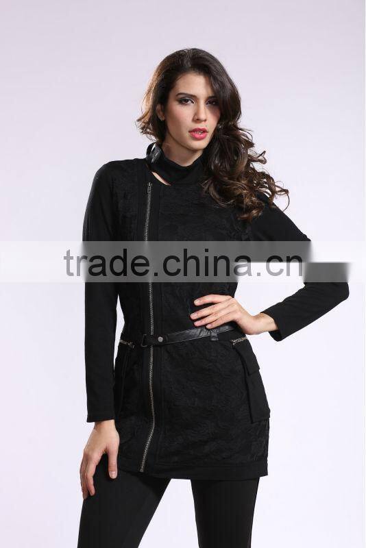 2014 New Arrival Ladies Asymmetrical Zip Long Coat Fashion Design Winter Overcoat