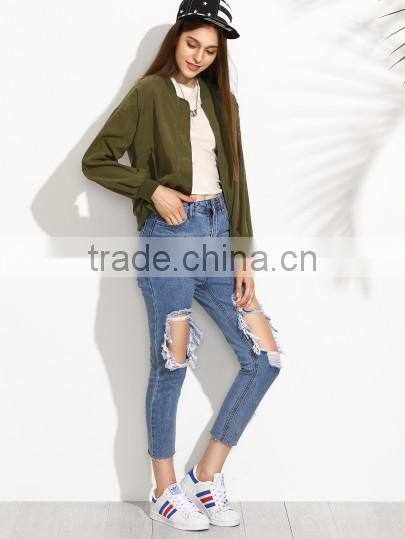 Olive Green Drop Shoulder ladies Bomber Jacket With Zip Pocket