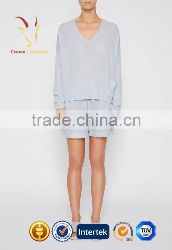 Ladies Deep V Neck Light Blue Cashmere Pullover Sweater