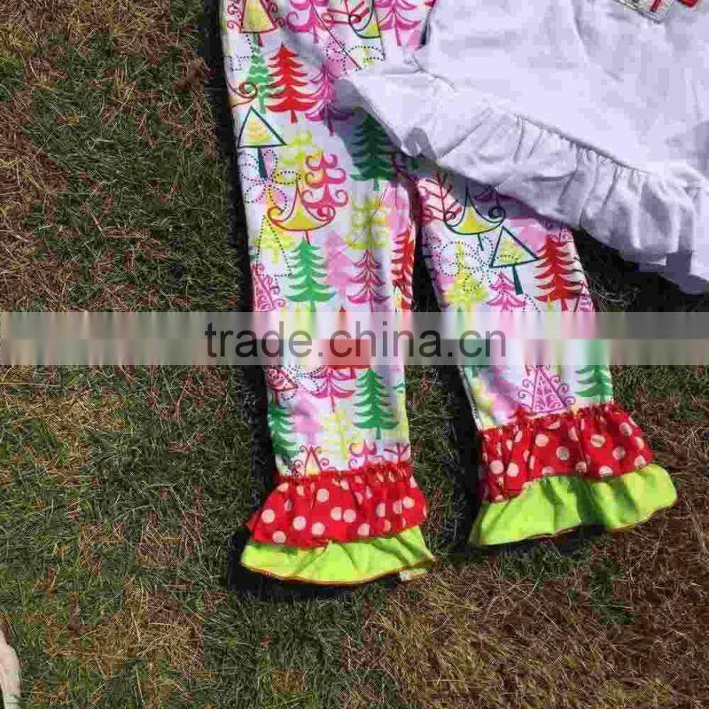 new design Christmas kids clothing winter clothes hot sell Christmas tree embroider white top ruffle pant with matching headband