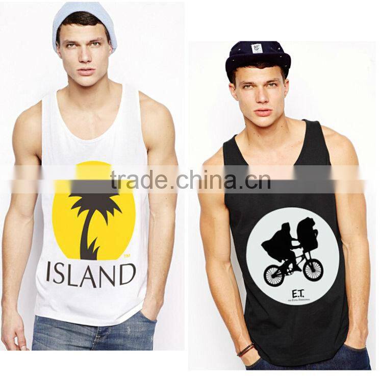fashion style men's black white 100% cotton polyester singlet with water print