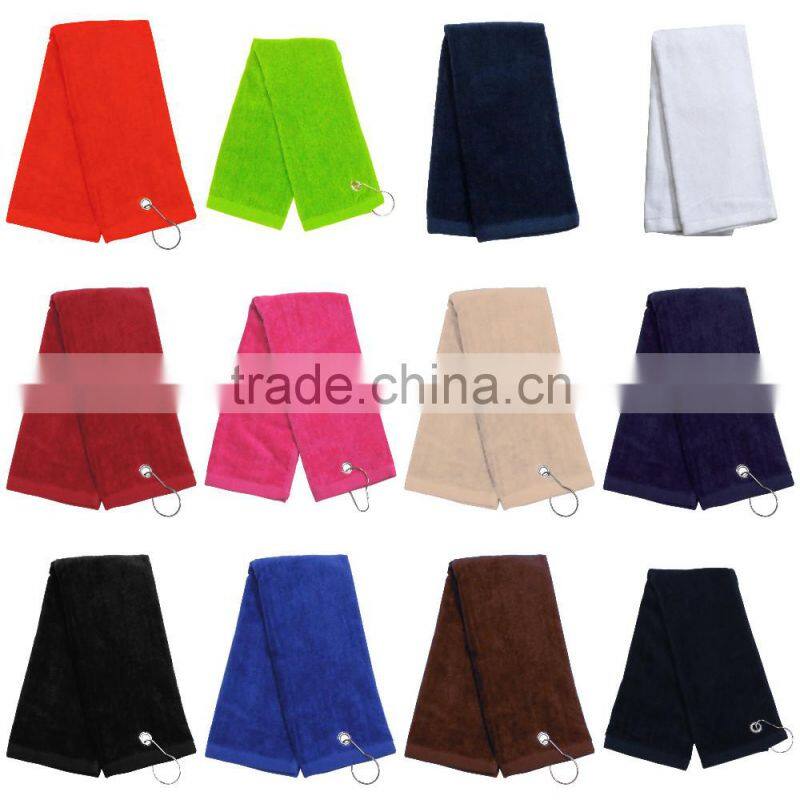 Cotton custom embroidered tri fold golf towels custom with grommet hooks embroidered gym towel