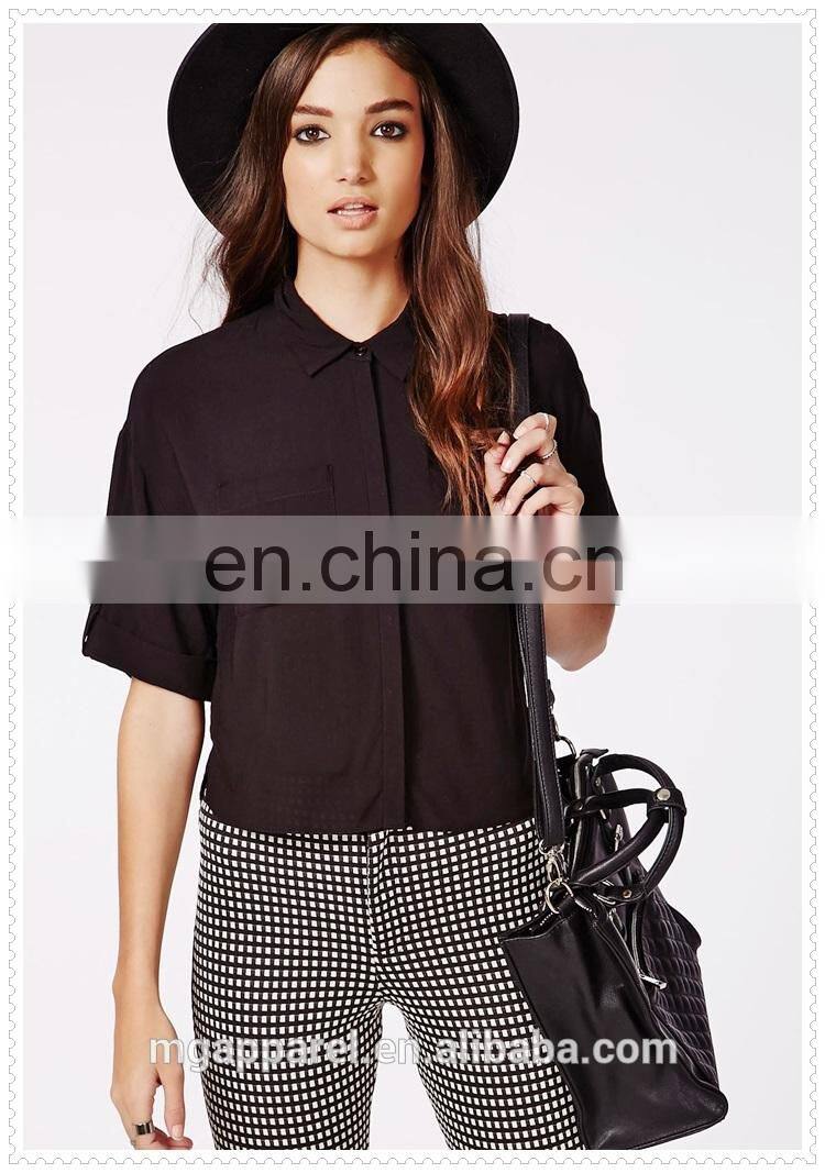 New fashion ladies plain black cropped blouse simple designs