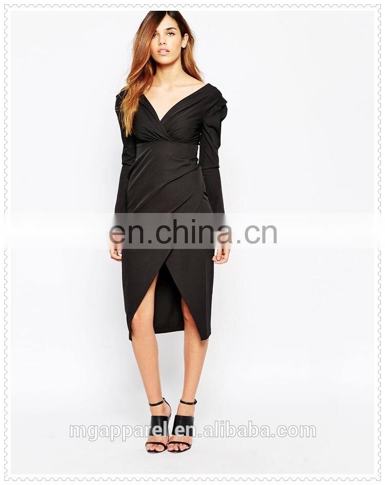 fashion women cheap sexy long sleeve V-neckline frill shoulder pencil skirt midi dress