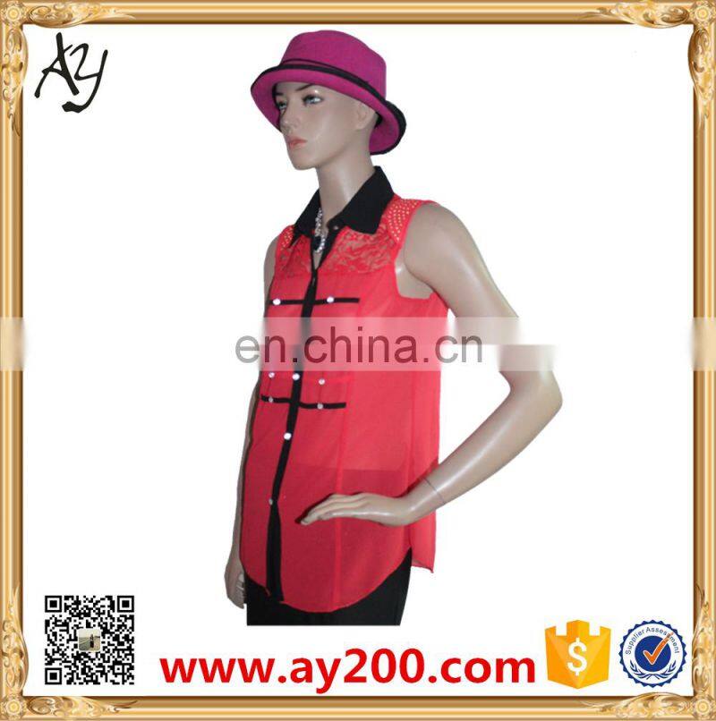 Chiffon collar sleeveless shirt/women high quality shirts