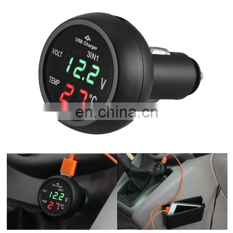 3 in 12/24V Car Auto Monitor Display USB Car Charger For Phone Tablet GPS LED Digital Voltmeter Gauge Thermometer