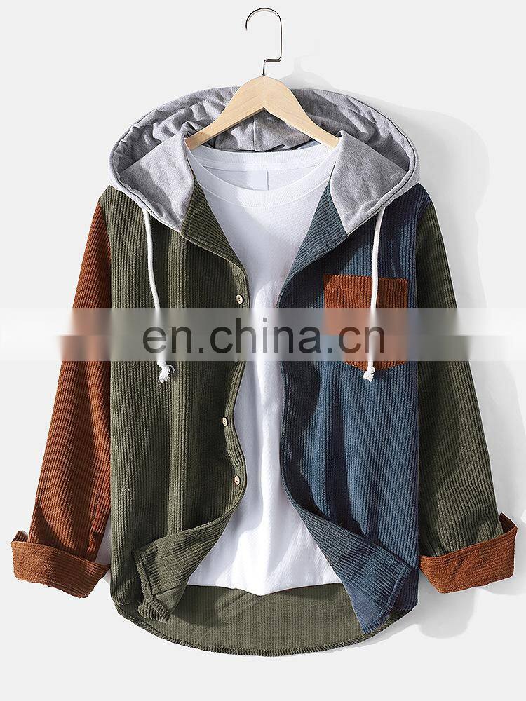 Wholesale custom LOGO Amazon spring and autumn 100% cotton corduroy multi-pocket hooded men's long-sleeved shirt men's plus size