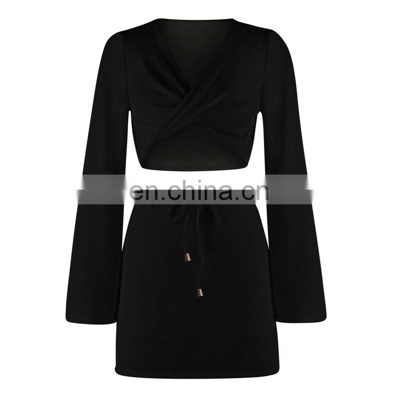 2021 Cross-border New Product Pure Color Women's Fashion Twisted Long Sleeve V-neck Sexy Top Drawstring Short Skirt Autumn Set
