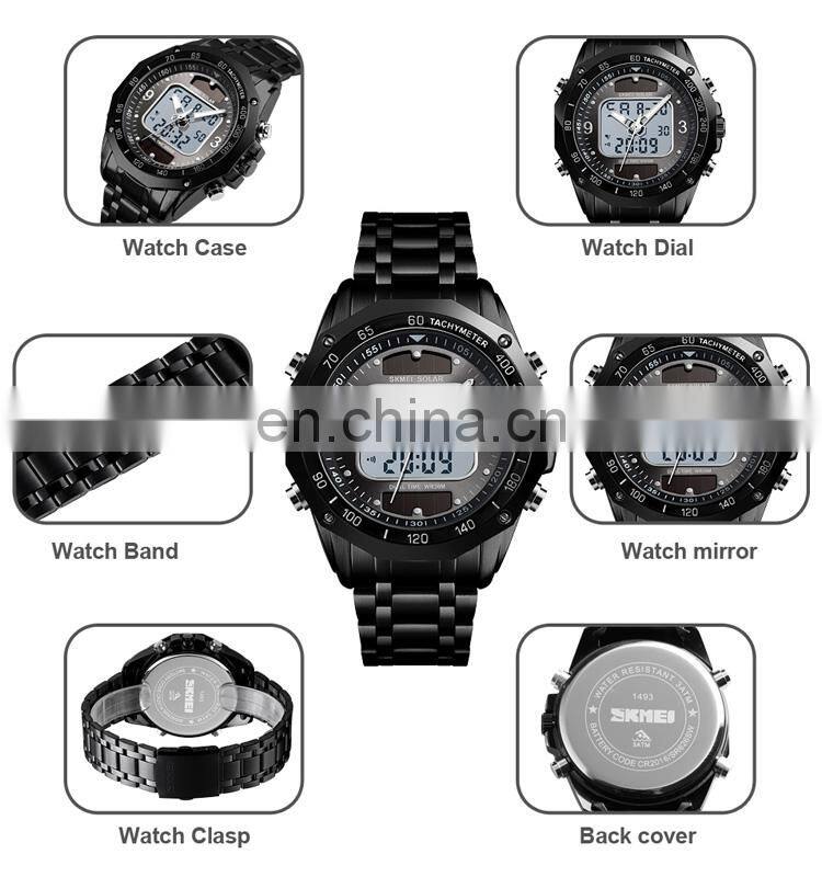 Skmei 1493 solar powered 30meters waterproof stainless steel digital quartz wristwatch
