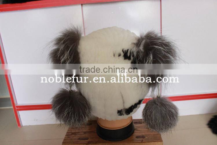 cute rabbit fur with silver fox fur winter pompom headwear for young girls