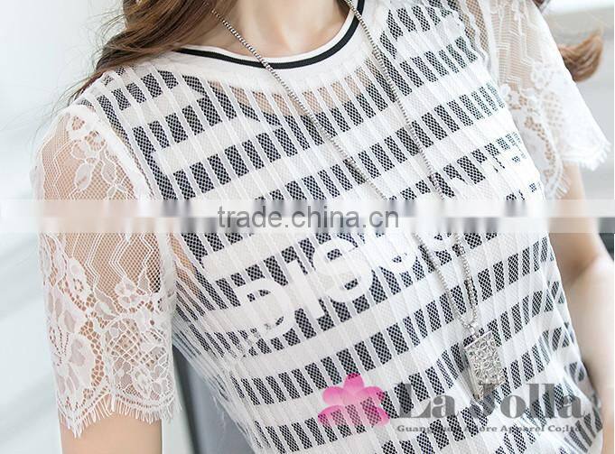 New Fashion High Quality Lace macrame short sleeves two-piece T-shirt 089