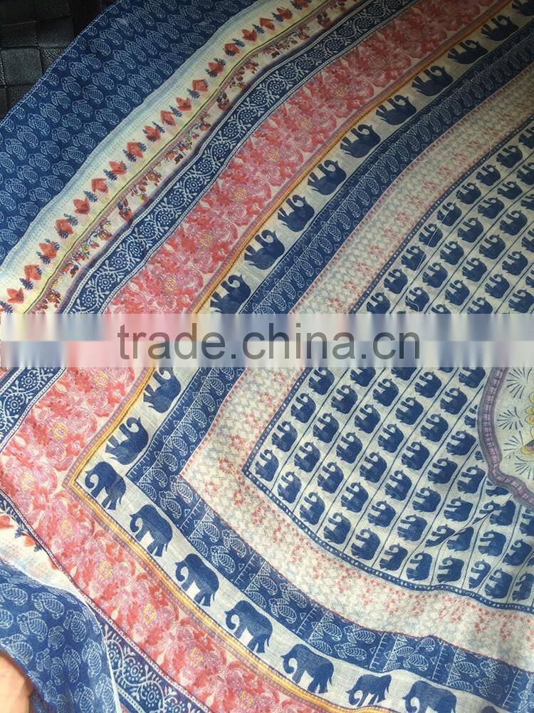 2016 Newest Vintage Blue Small Elephant Printed Women Cotton Scarf with Tassels