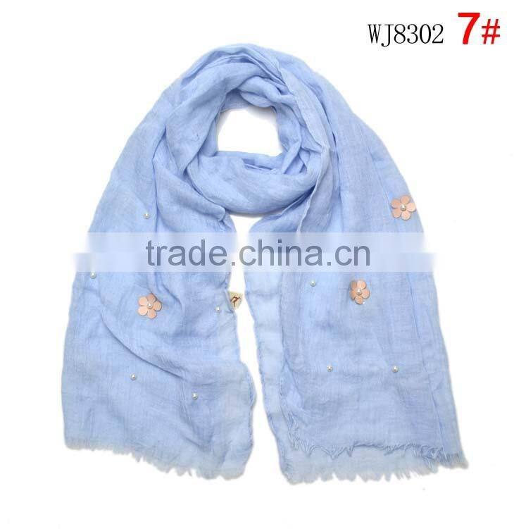 2015 Autumn Winter Newest Small Flower Applique Pearl Beads Fixed Soft Cotton Baby Girl Scarf