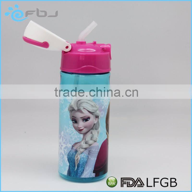 Cartoon Style Plastic Drinking Children Water Bottle With Flexible Straw /