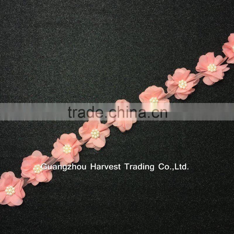 Lovely Pearl Chiffon Flower Lace,Flower Trimming On Tulle For Children Clothing
