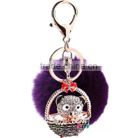 Rabbit Fur Big Ball Plush Car Key Ring keychain With rhinestone Bear