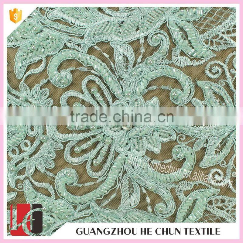 HC-1514 -1 Hechun China 2016 New Products Light Green Sew Bead Lace Bridal Appliques