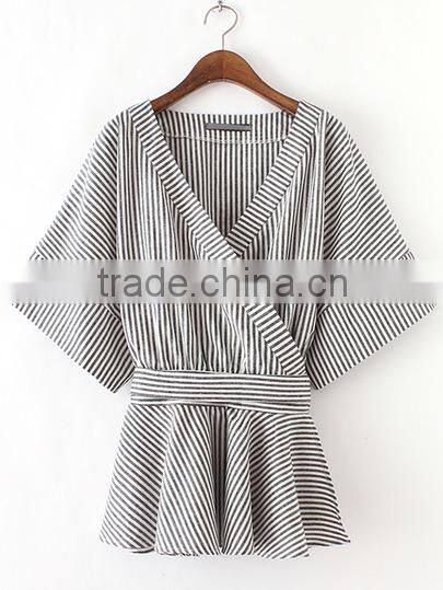 Blouses latest fashion design women clothing Black And White Stripe Bow Wrapped Blouse