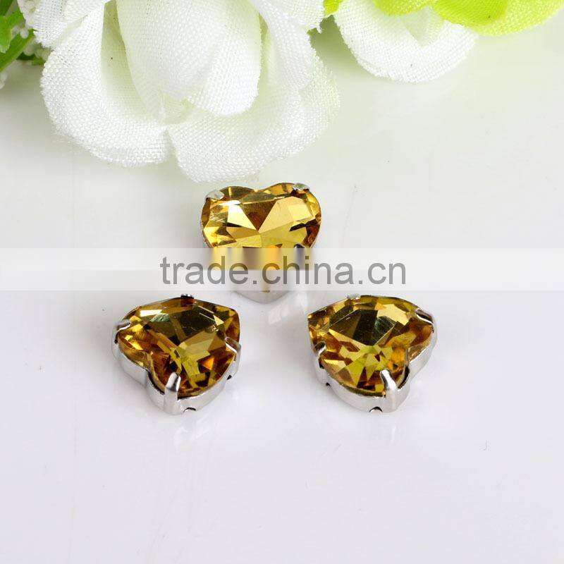 bling bling sew on burgundy color crystal heart shaped strass with metal claw for fashion clothing decoration