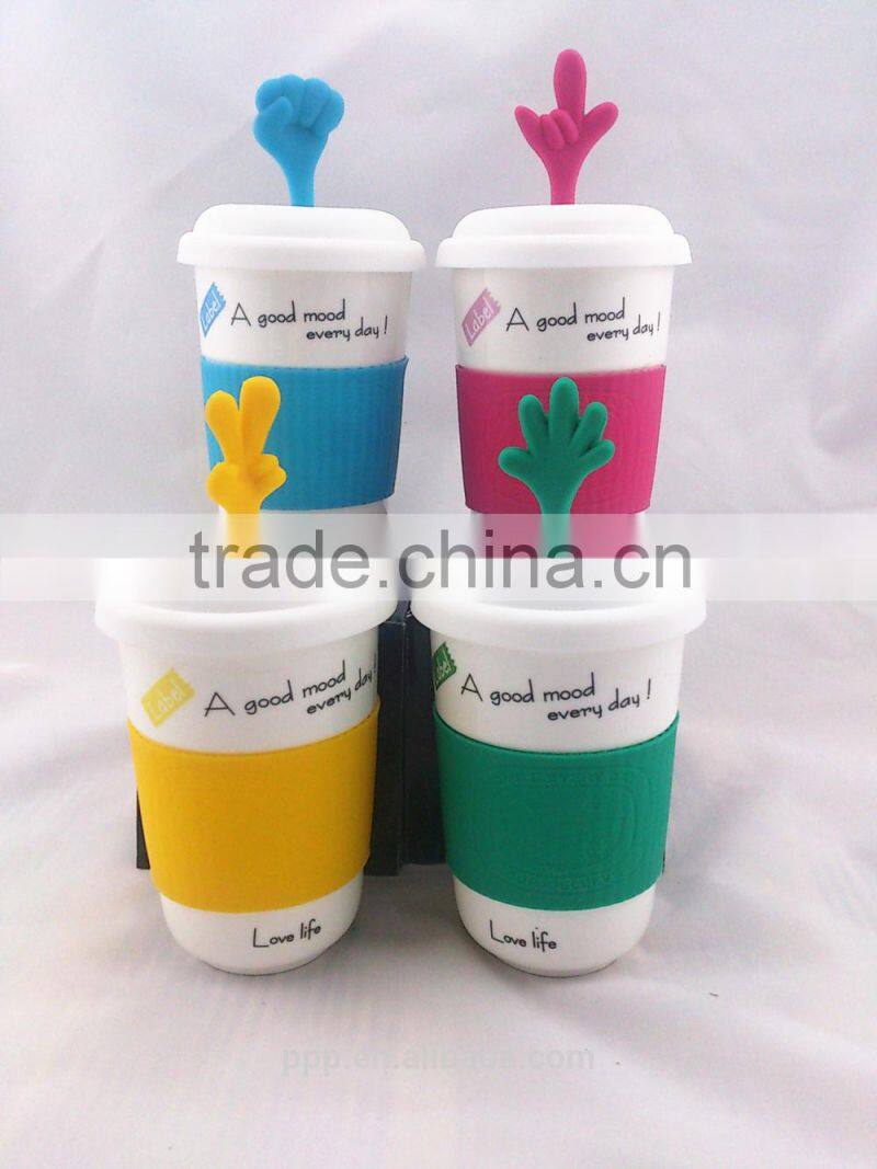 green pink yellow blue mug with cute hand ceramic mug/mug with silicone sleeve/travel mug porcelain tumbler