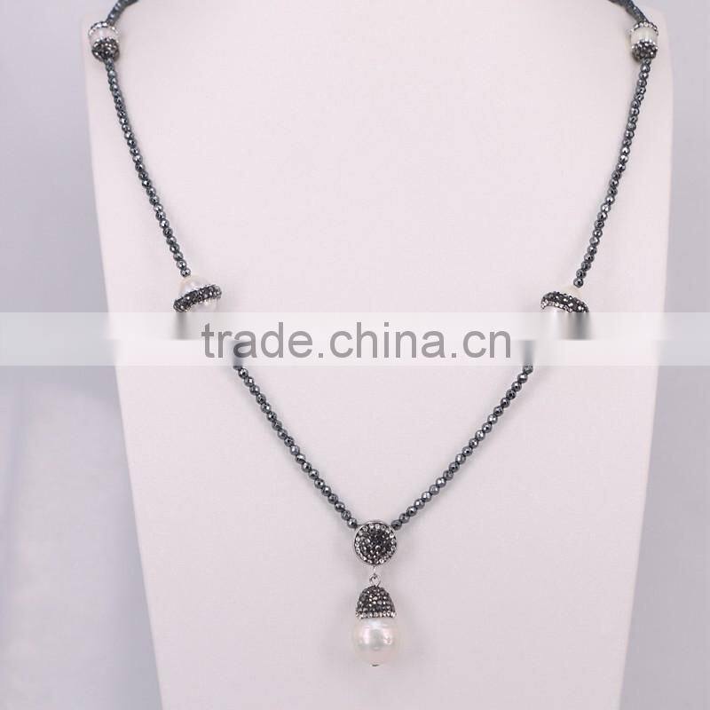 Charm Pearl Gemstone Beads Tassel Necklace, with 3mm Mini Black Hematite Beads Necklace,