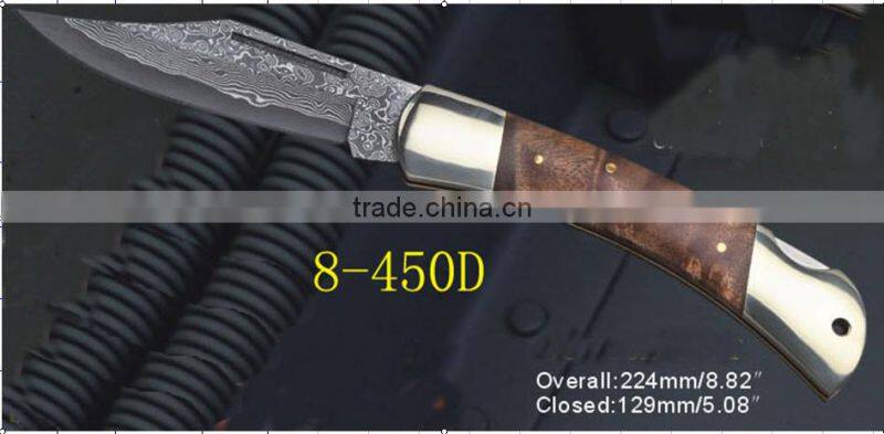 OEM handmade Damascus collection folding knife, mountain hiking small knife, natural wood handle