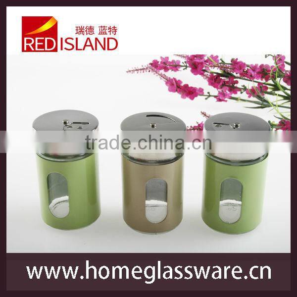 round glass spice shaker with metal coating, glass jar
