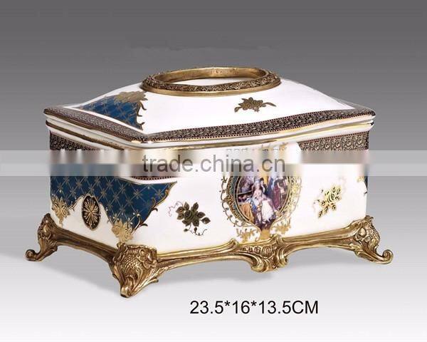 Elegant Blue & White Painted Ceramic Tissue Case With Bronze Base, Porcelain With Brass Tissue Box with Cover
