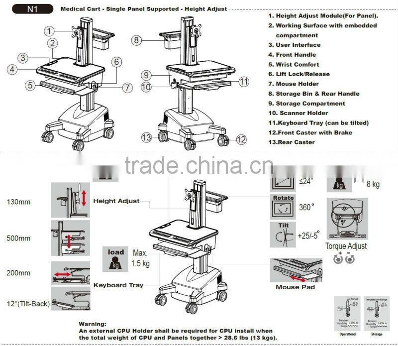 Powered Mobile Cart Medical Trolley workstation with monitor mount
