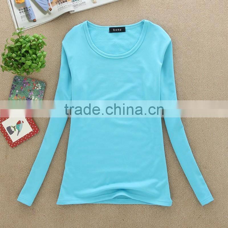 Lady fashion 100%cotton top plain women long sleeve t shirt