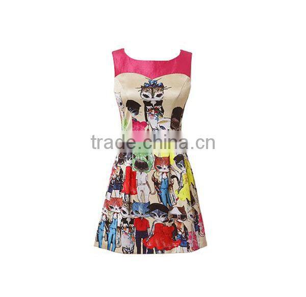 high-end fashion desig x-line cartoon printed square necked colourful girls party dresses