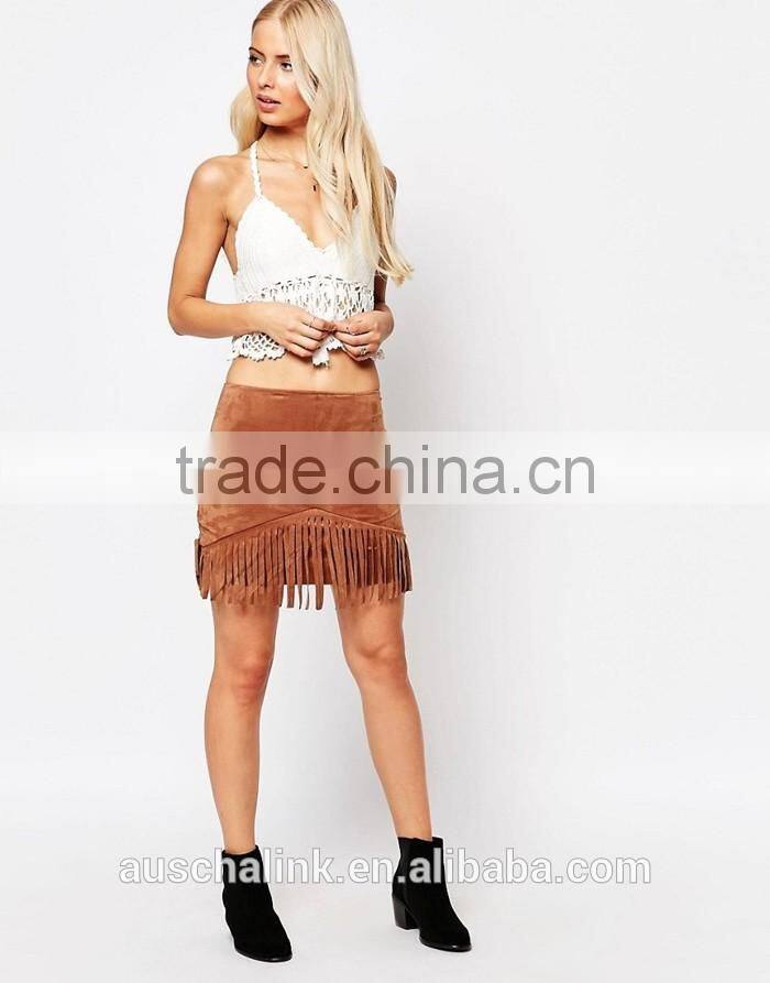 high rise nice design women slim fit fringe brown suede skirt