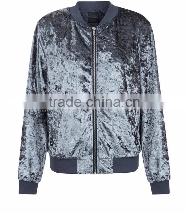 Women Fitness Shiny Velvet Bomber Jacket Ribbed Trim Zip Up Coat With Pocket Sides Outwear